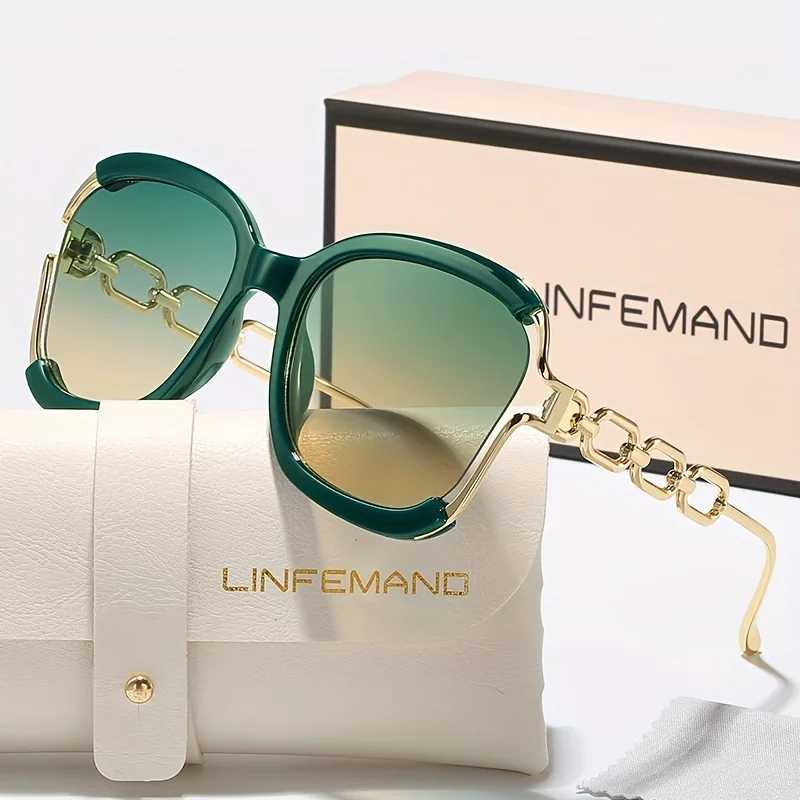 LINFEMAND Classic Half Frame Metal Chain Design Fashion Sunglasses Womens Large Frame Decorative Glasses Summer Festival Gift Z250527