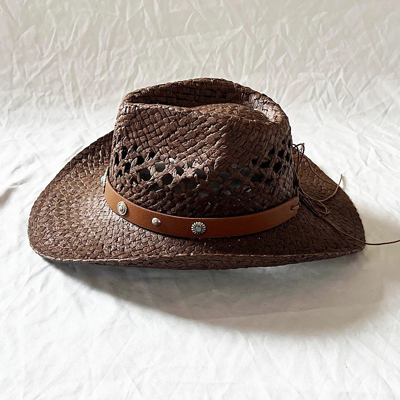 Handmade Summer Straw Hat Womens Mens Hollow Cowboy Hats Punk Large Brim Hat Western Beach Boho Straw Hat Holiday Cap 250526