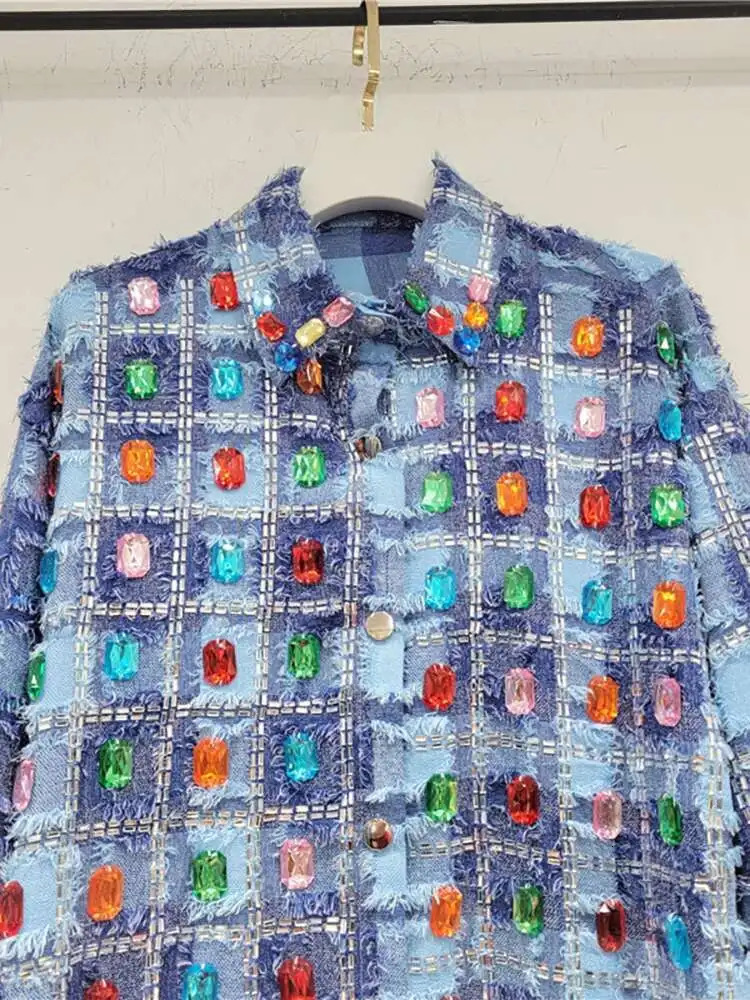 DEAT Womens Denim Shirt Loose Patchwork Plaid Burrs Edge Colored Diamond Single Breasted Blouse Summer Fashion 29L6604 250523