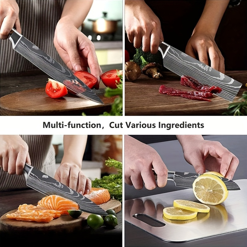 High-quality knife set includes an ultra-sharp Damascus steel chef's knife, multi-purpose knife, bread knife, and peeler, perfect for slicing mea