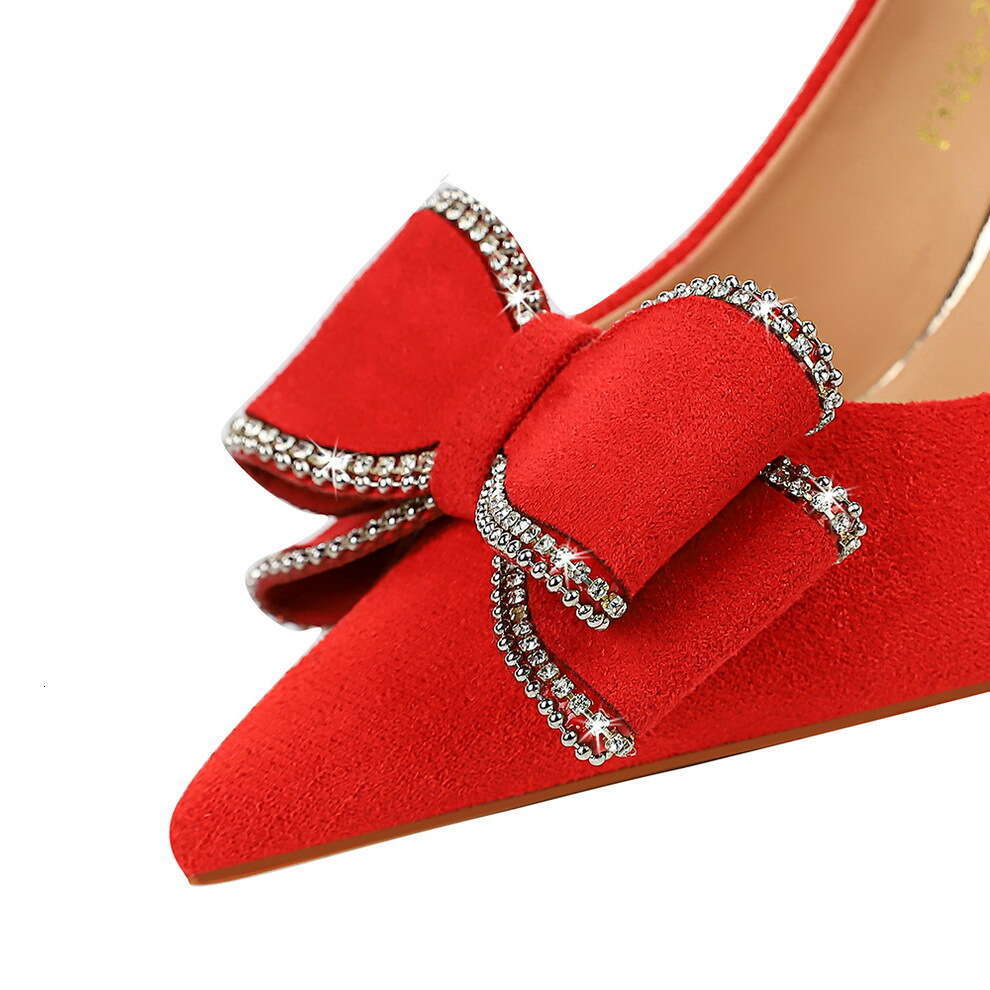 Fashion Spring and Autumn New High Heels Thick Heel Suede Shallow Mouth Pointed Bow Women's Shoes Women's Shoes, Bow High Heels