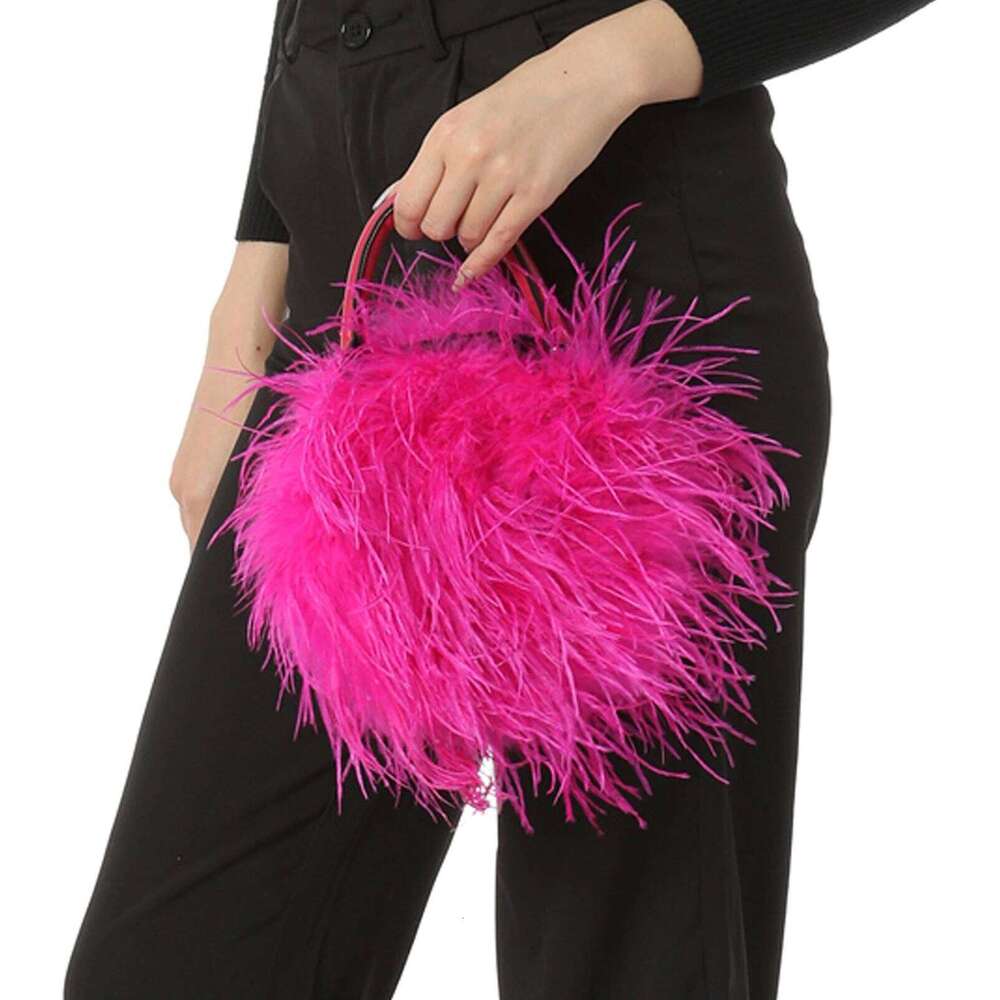 Real Natural Ostrich Feather Mini Handbag Furry Fluffy Women Change Purse For party Leather handle clutch bag Peach Fuzz