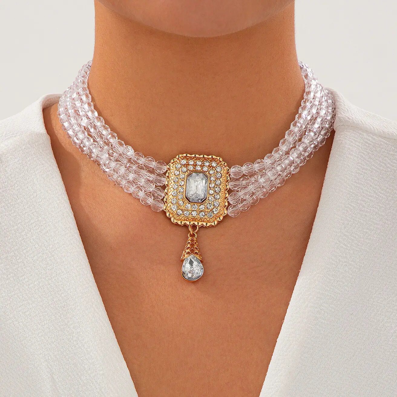 KunJoe Elegant Multilayer Crystal Beads Chain Necklace Women Water Drop Short Choker Wedding Jewelry Bride Neck Ornament 250522