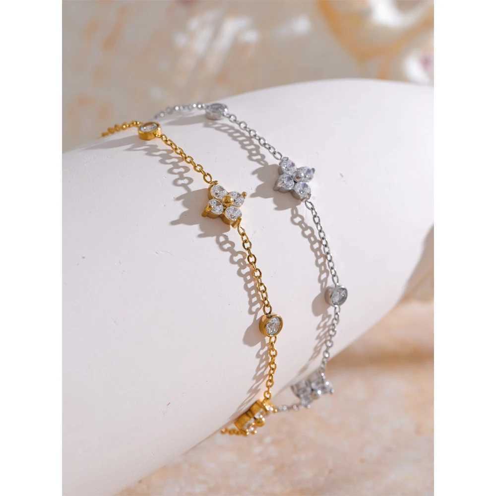 Yhpup Delicate Cubic Zirconia Flower Chain Thin Bracelet Bangle Stainless Steel Rust Proof Office Ladies Chic Jewelry New Gift W250526