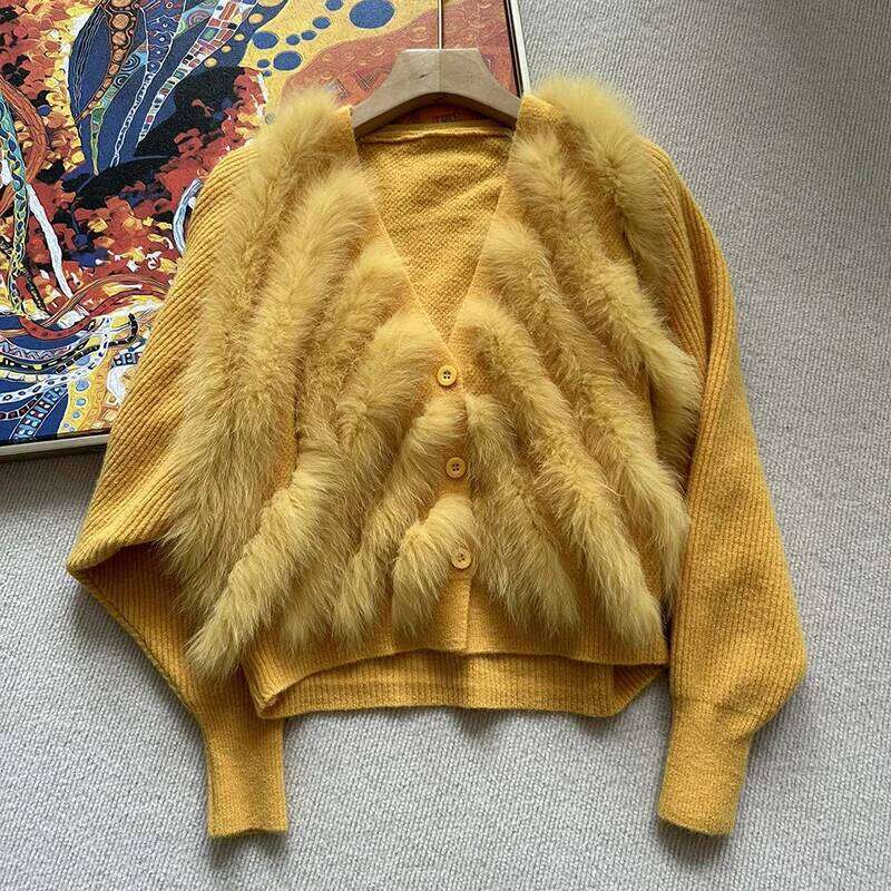 2024 New Autumn Fox Stripe Cardigans Women Elegant Batwing Long Sleeves Real Fur Trim Knitted Cardigan Sweater Outwear