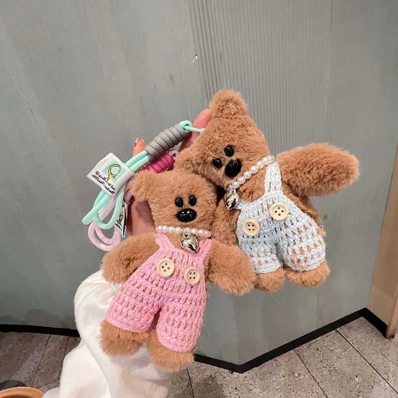 15cm Plush Small Bear Toy DIY Keychains Cute Handmade Knitted Overalls Bear Keychain Animals Pendant Kids Women Bag Accessories W250526