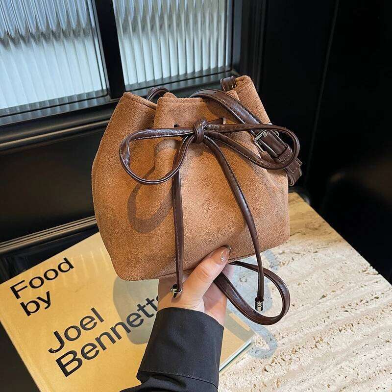 Women Faux Suede Bucket Fashion Tote Large Capacity Trendy Satchel Solid Color Drawstring Shoulder Chic Hobo Bag