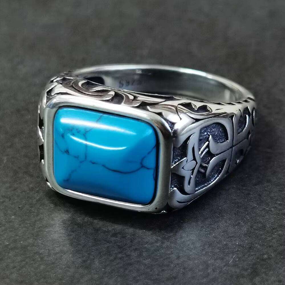 Real Pure Sterling Sier Rings for Men Blue Natural Crystal Stone Mens Ring Vintage Hollow Engraved Flower Fine Jewelry