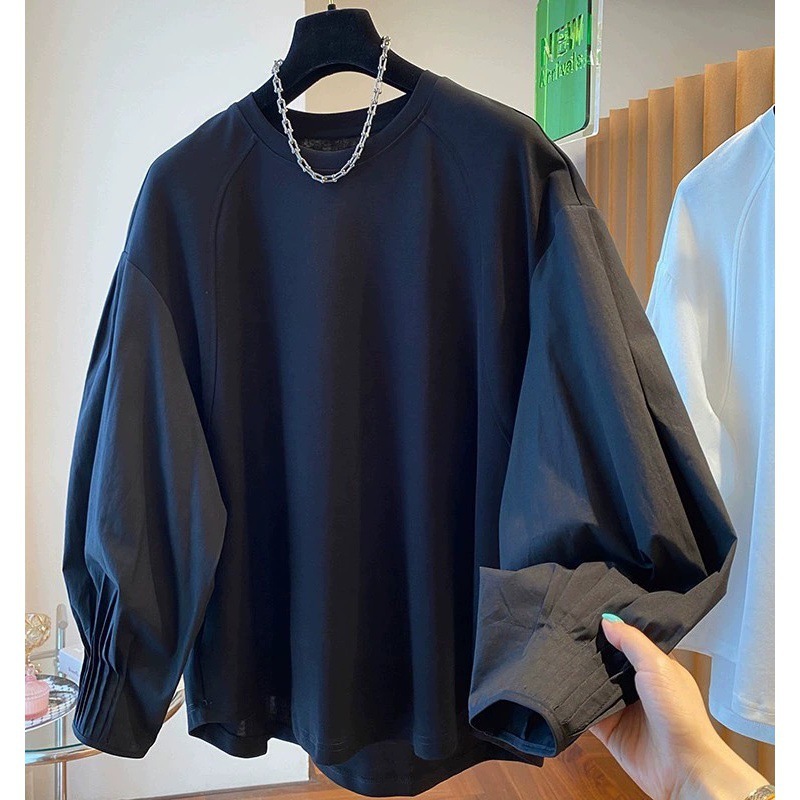 GY1706 Lantern sleeve pleated patchwork shirt sweater female design spring new T-shirt bottoming