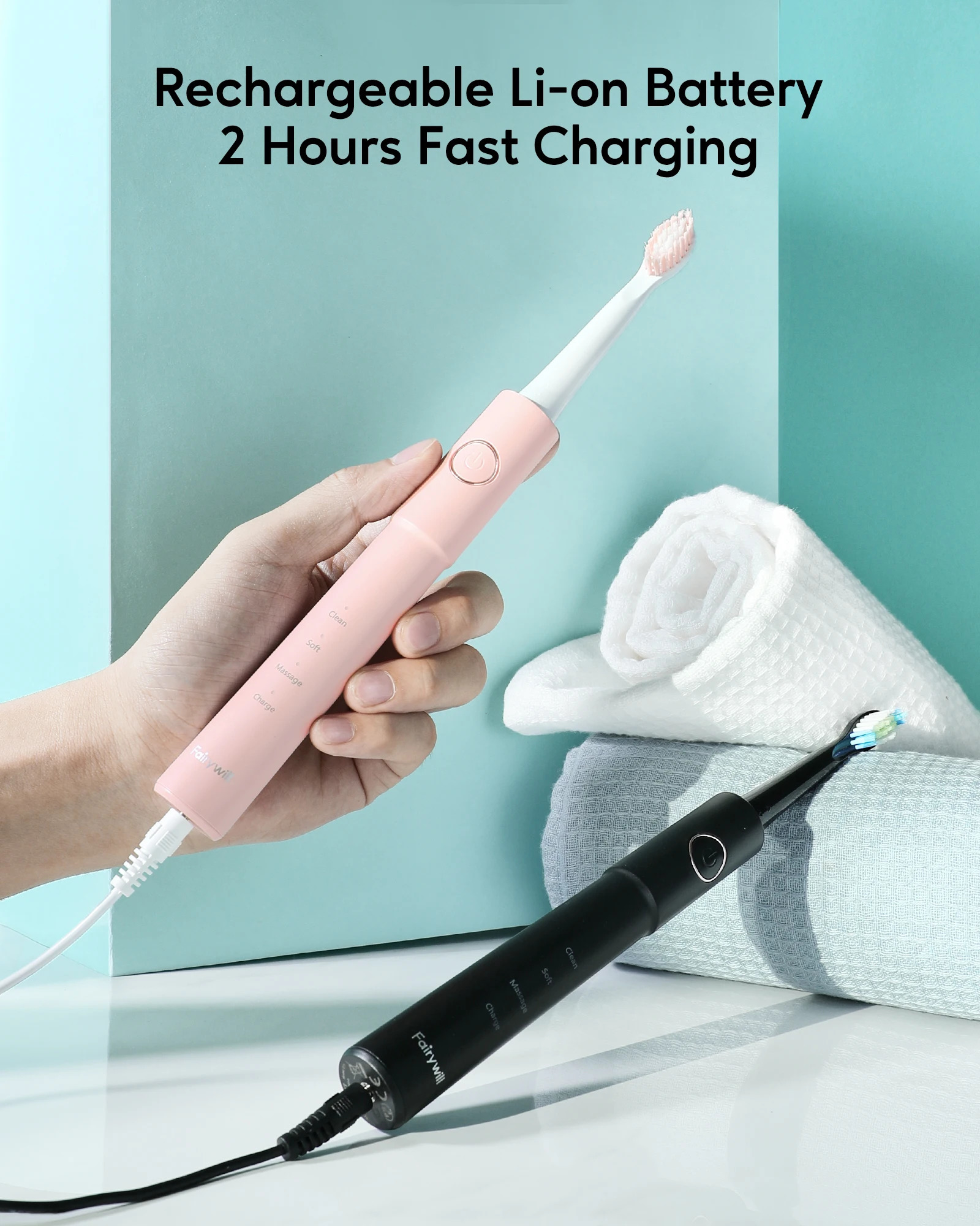 Fairywill Sonic Electric Toothbrush E11 Waterproof USB Charge With 8 Brush Replacement Heads Black and Pink Set for Couple 250527