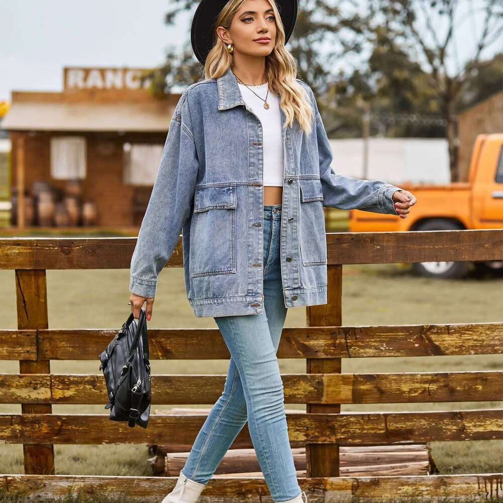 2023 Autumn New Women's Long Sleeve Denim Jacket Fashion Loose Versatile Mid-Length Jeans Coat Casual Clothing S-2Xl
