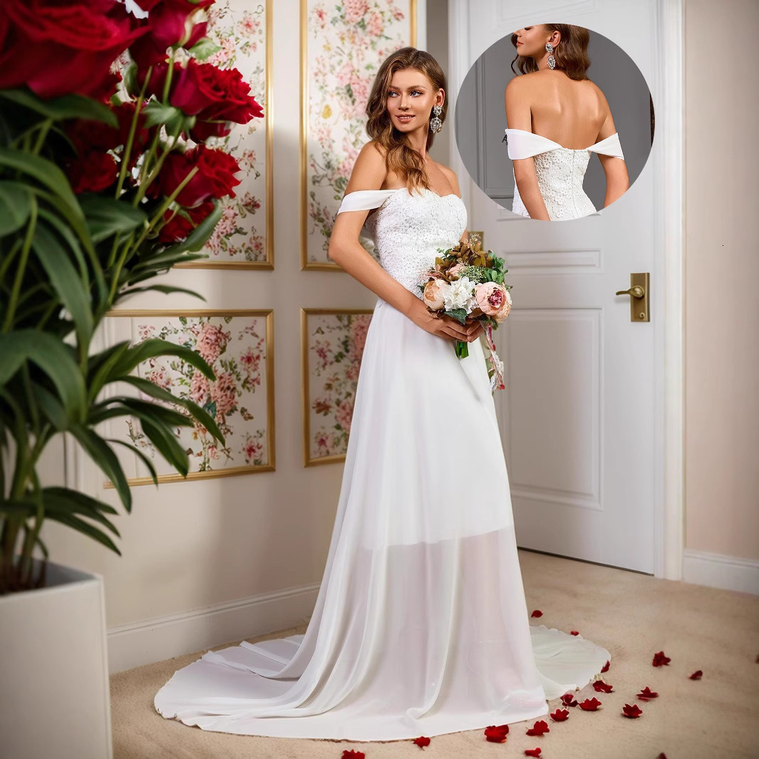2025 Summer New Dress Shoulder Lace Chiffon Splicing Wedding Dress