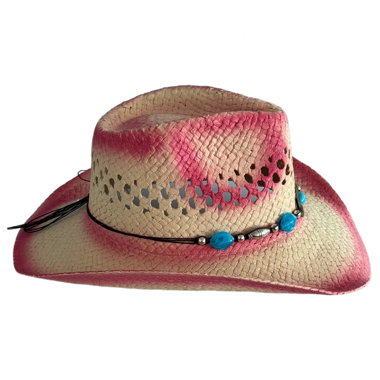 Summer Bohemia Vintage Western Cowboy Hat For Women Men Pink Gradual Change Beach Straw Hat Outdoor Wide Brim Hollow Out Sun Cap 250526