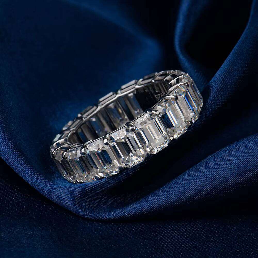 Sterling Silver Band Emerald Shape VVS Moissanite Men's Eternal Ring