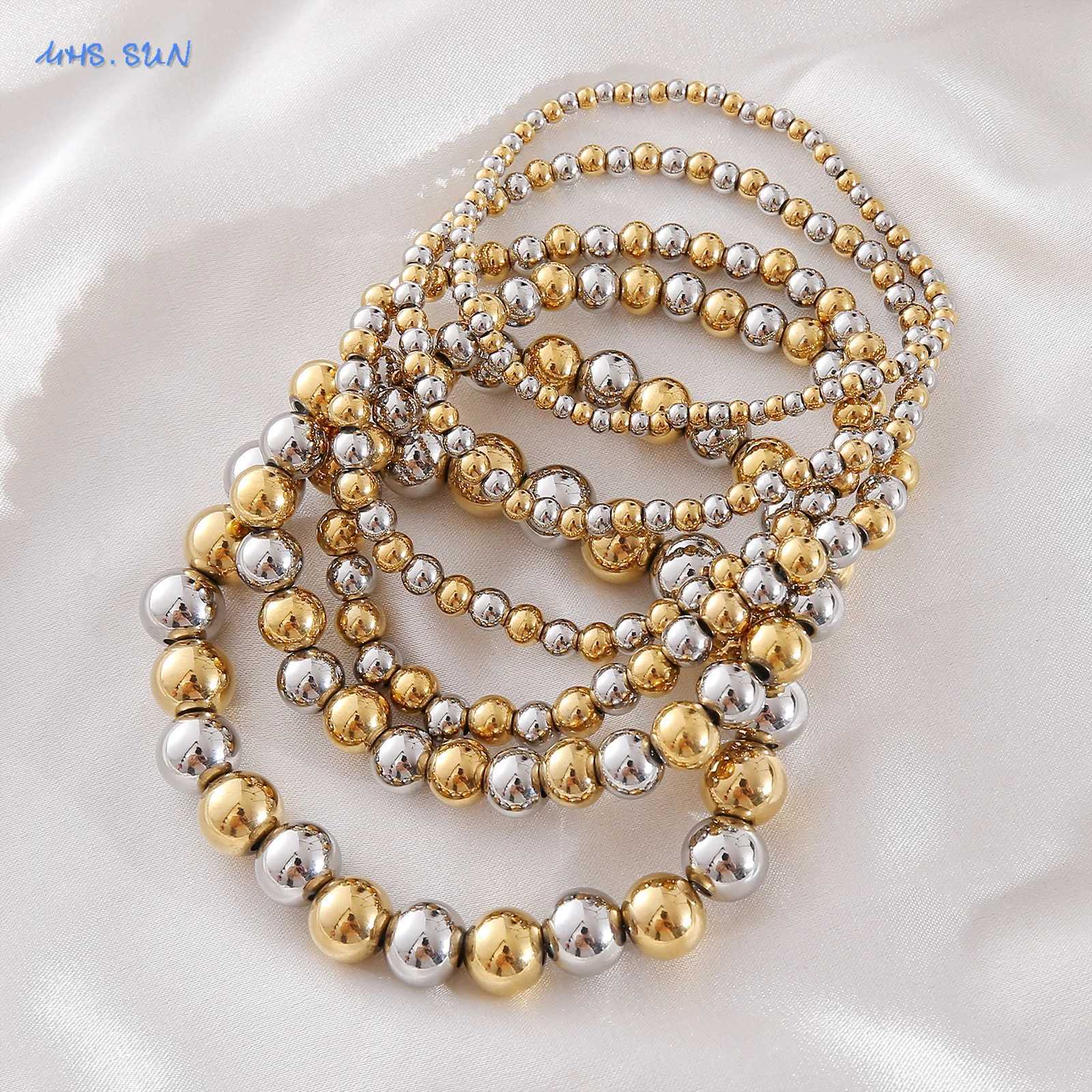 MHS.SUN Fashion Waterproof Smooth Stainless Steel Bracelets 2-10mm Elastic Beaded Gold Plated Stackable Bracelet Women Jewelry W250526