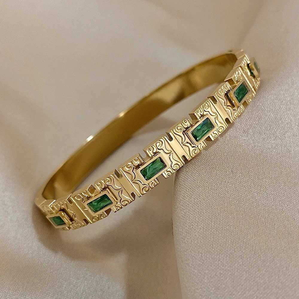 Vintage Palace Geometric Stainless Steel Bangle Bracelet for Women Inlaid Square Green Zircon Cuff Bracelets Jewelry Gifts W250526