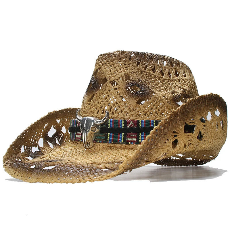 Big Ox Head Belt Hollowed Out Women Men Unisexs Retro Raffia Straw Wide Brim Sun Beach Cowboy Cowgirl Western Hat 58cm 250526
