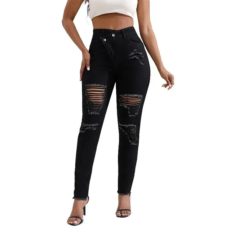 Women Jeans Denim pant High Waist Pencil Pants Holes Slim Fit Pockets Sexy Streetwear Solid Sheath Distressed Ankle Length 2025 250516Z