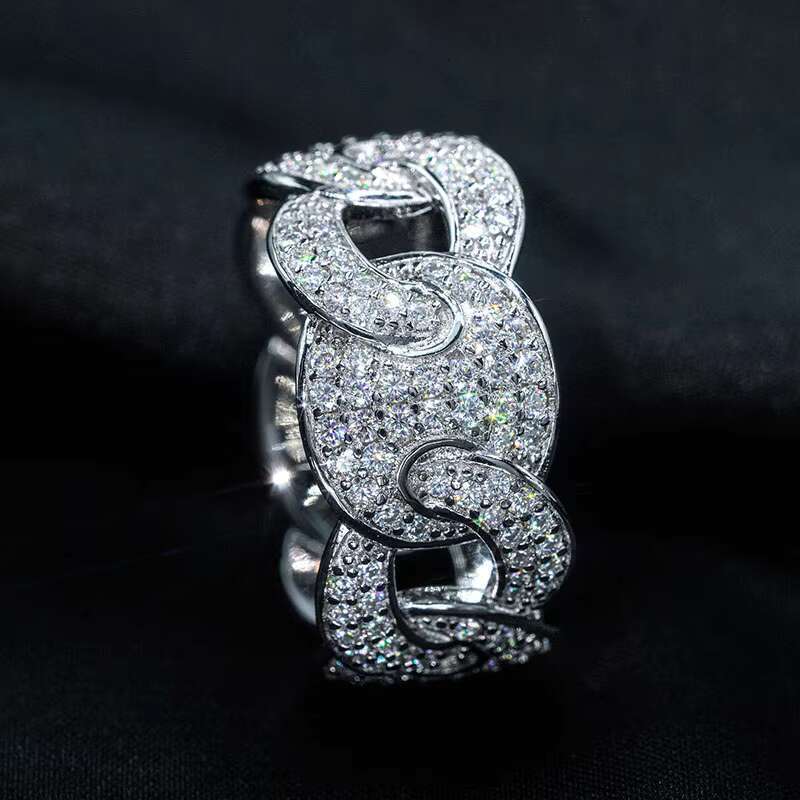 Fashion Hip Hop Moissanite Cuban Chain Ring Full of Inlaid Moissanite Electroplating Real Gold tide Mens Ring