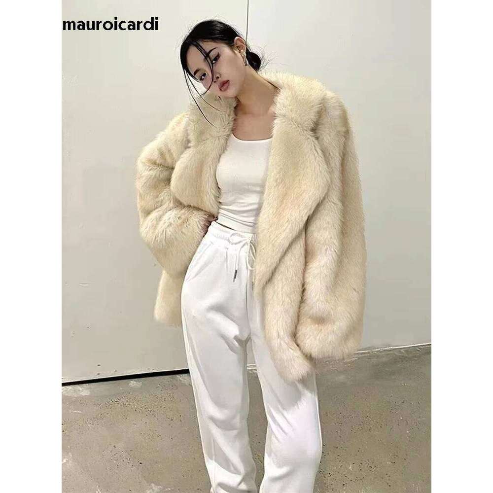 Mauroicardi Spring Winter Loose Casual Thick Warm Soft Hairy Shaggy Faux Fur Coat Women Fluffy Jacket Furry Cardigan 2025
