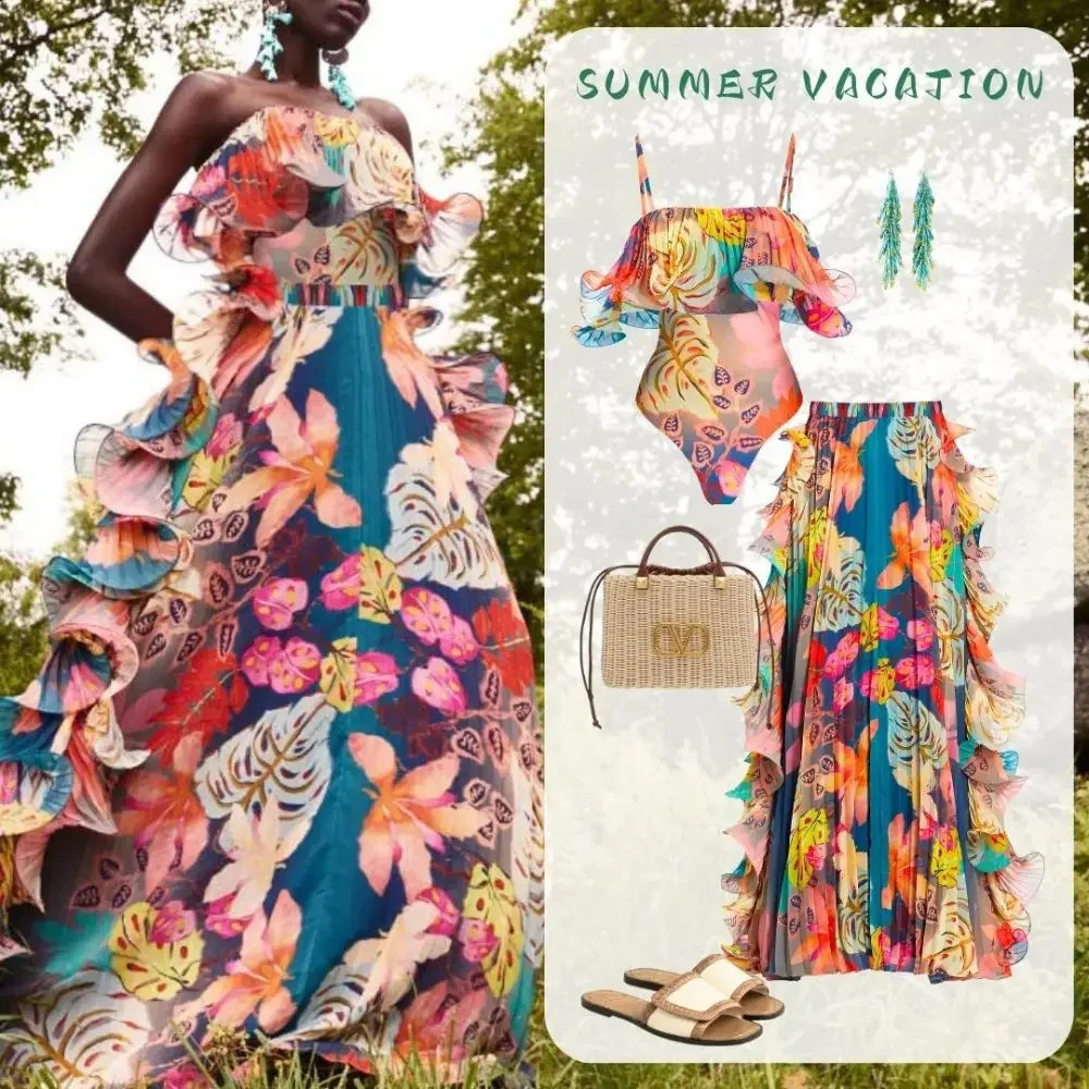 FLAXMAKER Flowers Printed One Piece Swimsuit and Skirt Women Beachwear Bathing Suit 250526