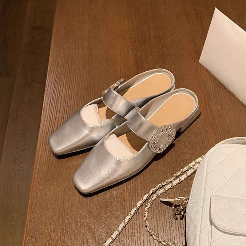 Grape Mom Summer New Style Sparkling Rhinestone Buckle Small Square Toe Wide Strap Commuter Versatile Low Heel Elegant Half Mules for Women