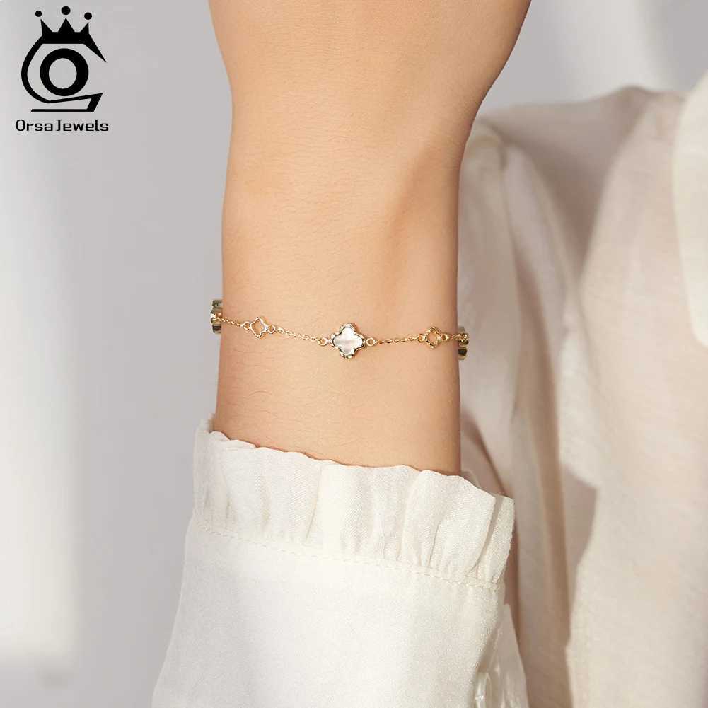 ORSA JEWELS Natural Shell Jewelry Four-leaf Flower Bracelet 925 Silver High-quality Four-leaf Clover Bracelet Wedding Gift GMB68 W250526