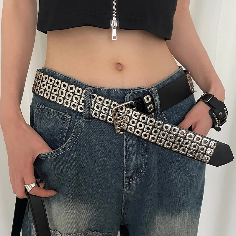 Hip-Hop Y2k Jeans Womens Belts Unisex Adjustable Double Row Needle Buckle Waistband Retro Square Rivet Rock Punk Mens Belt 250520