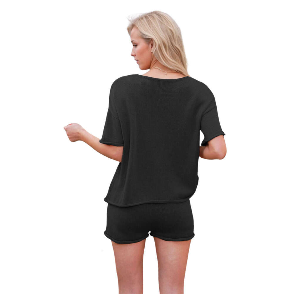 2025 New Summer Women's Loose Round Neck Casual Short Sleeve Shorts Set Knit Top