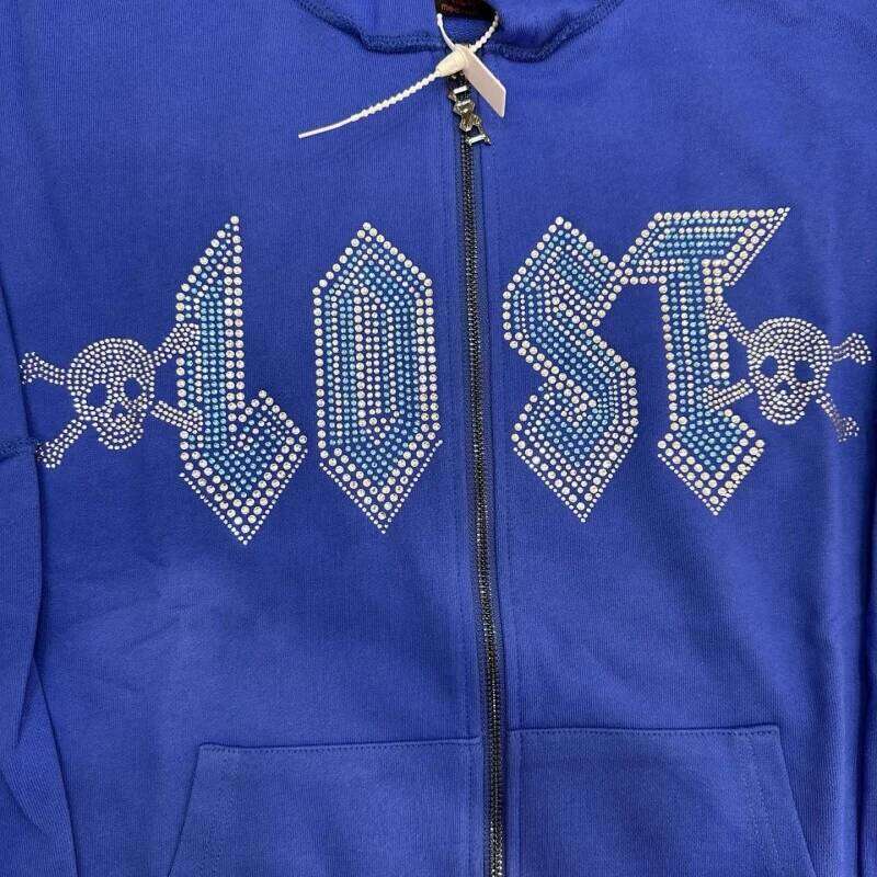 Lost Intricacy Zip Up Hoodie Blue Pure Cotton Unisex Casual Sweatshirt With Hood