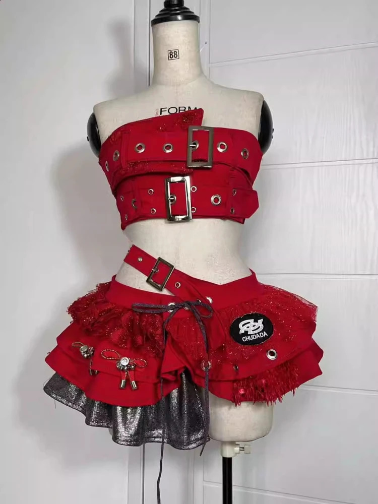 Punk Style Vintage Woman 2 Piece Sets Y2k Strapless Crop Tops High Waist Ruffle Skirt Female Party Korea Style Outfits 250523