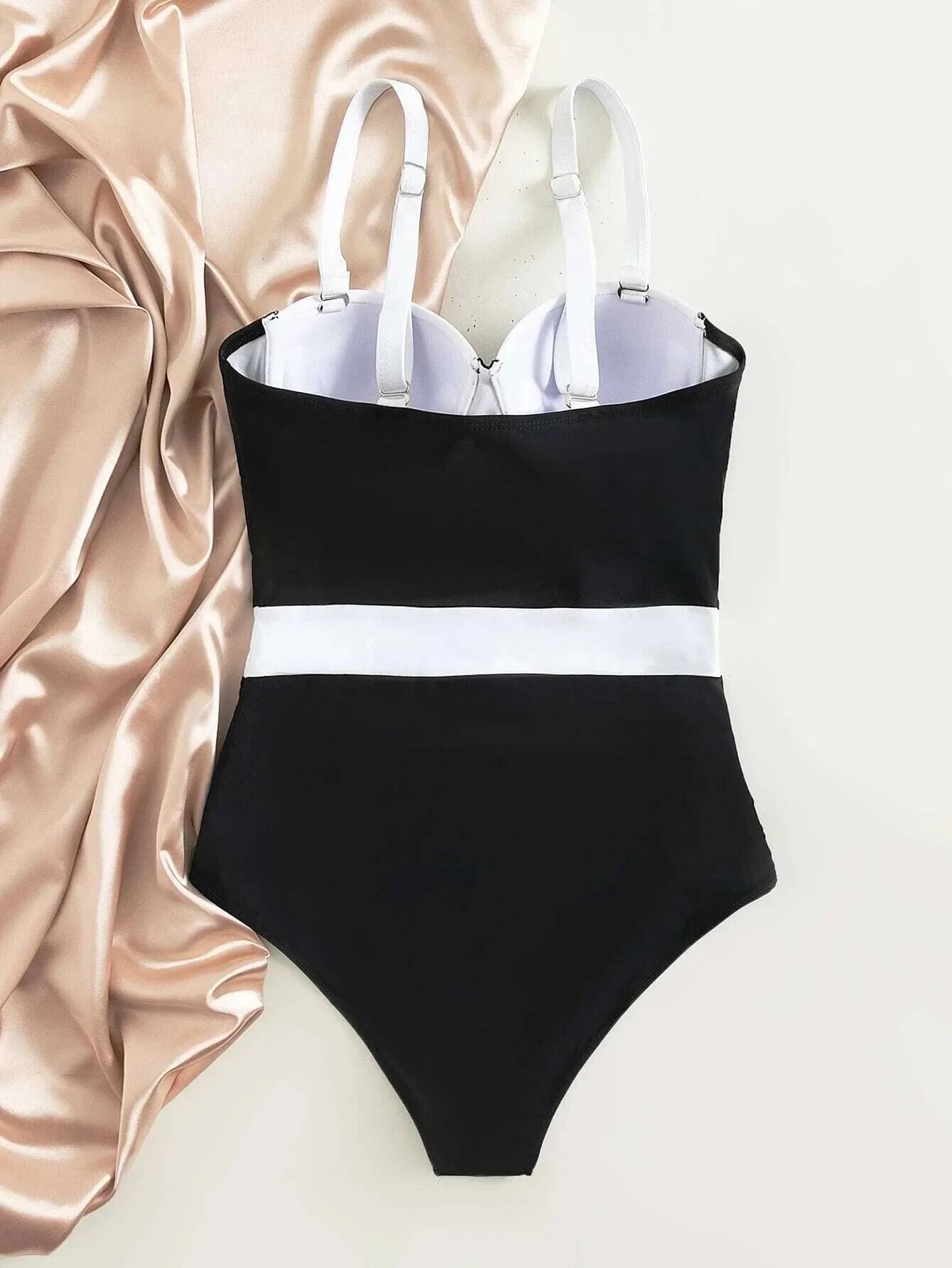 Sexy Push Up One Piece Swimsuit Colorblock Swimwear Women Underwire Bodysuit Female Bathing New Swimming Suit