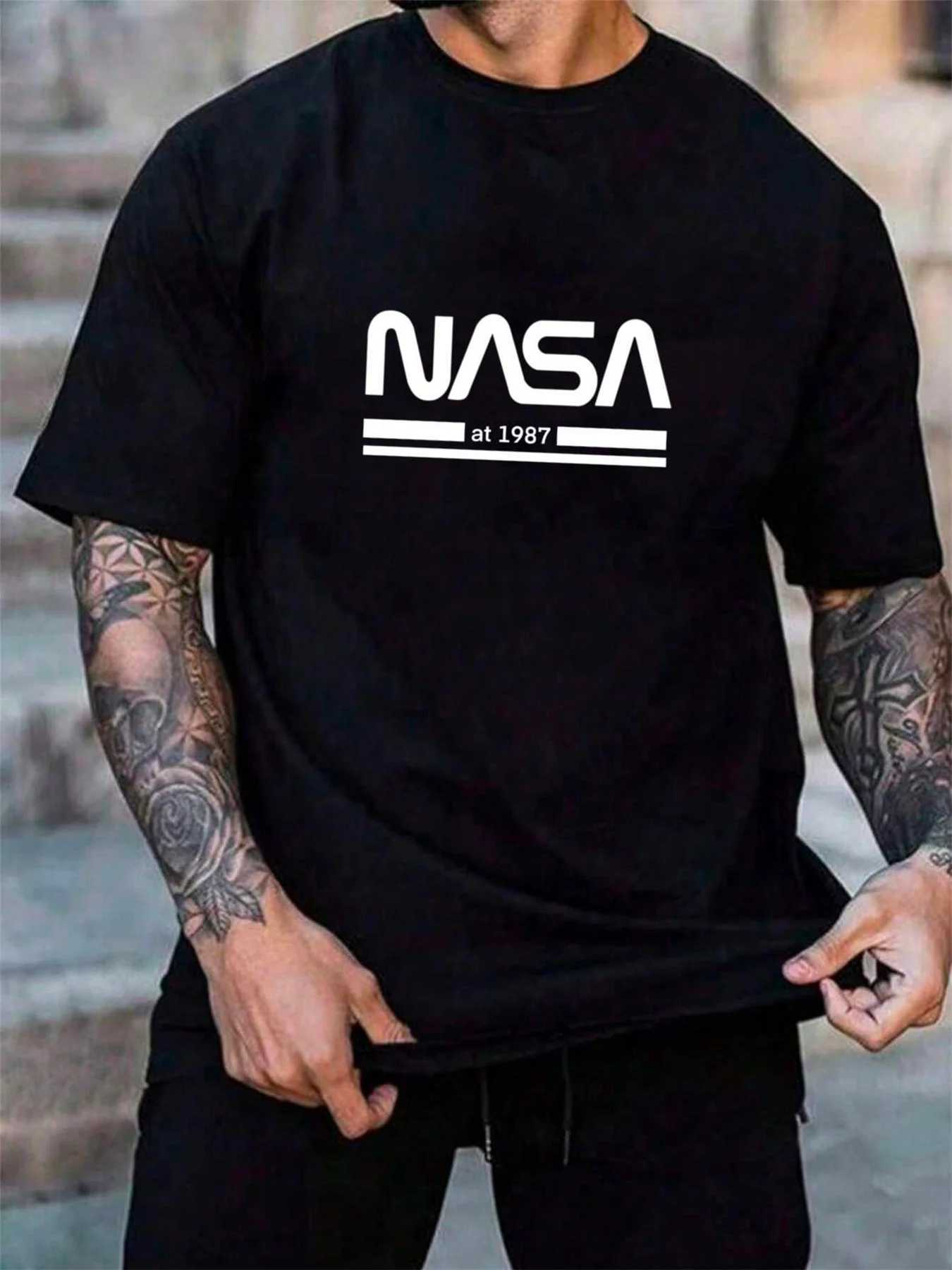 Mens Summer 100% Cotton Fashionable Casual Loose Fit Plus Size Letter Pattern Printed Sports Round Neck Short Sleeve T-shirt Z250527