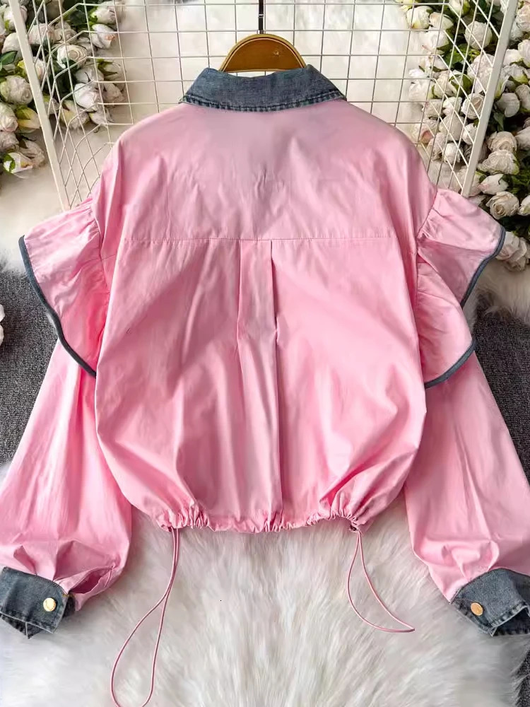 2025 Spring Blouse Lantern Sleeve Denim Patchwork Ruffles Draw String Shirts Fashion n All Match Elegant Women Clothing 250523