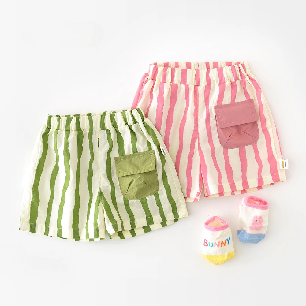 Summer Baby Childrens Vertical Stripes Shorts Toddler Boy Threedimensional Pocket Short Pants Girls Mid Waist 250527
