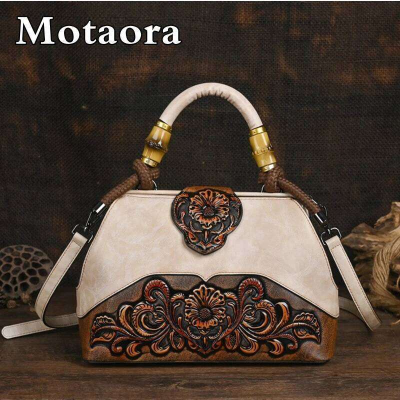 MOTAORA Handmade Handbags For Women Leather Shoulder 2025 New Vintage Carved Ladies Hand Bags Designer Bag