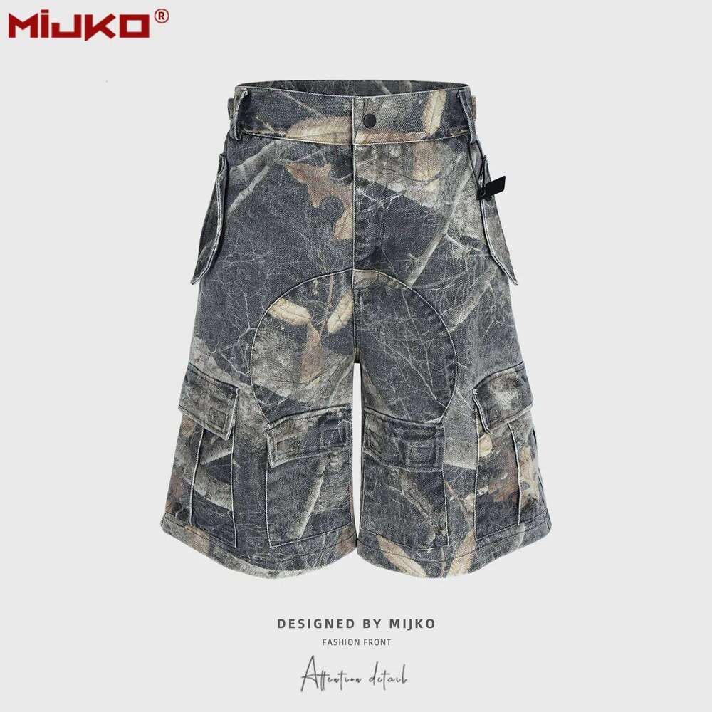 Camouflage Vintage Washed Tree Branch Five Quarter Pants for Men Women Summer Straight Baggy Shorts