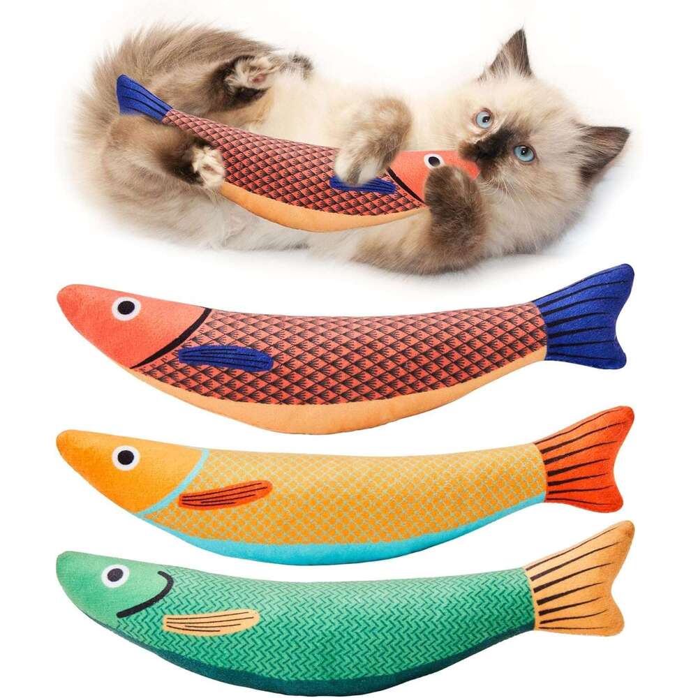 Potaroma Cat Toys Saury Fish, 3 Pack, Caip Crinkle Sound, Soft and Durable, Interactive Kitten Kicker Indoor Kitty Exercise 9.4 Inches for All Breeds