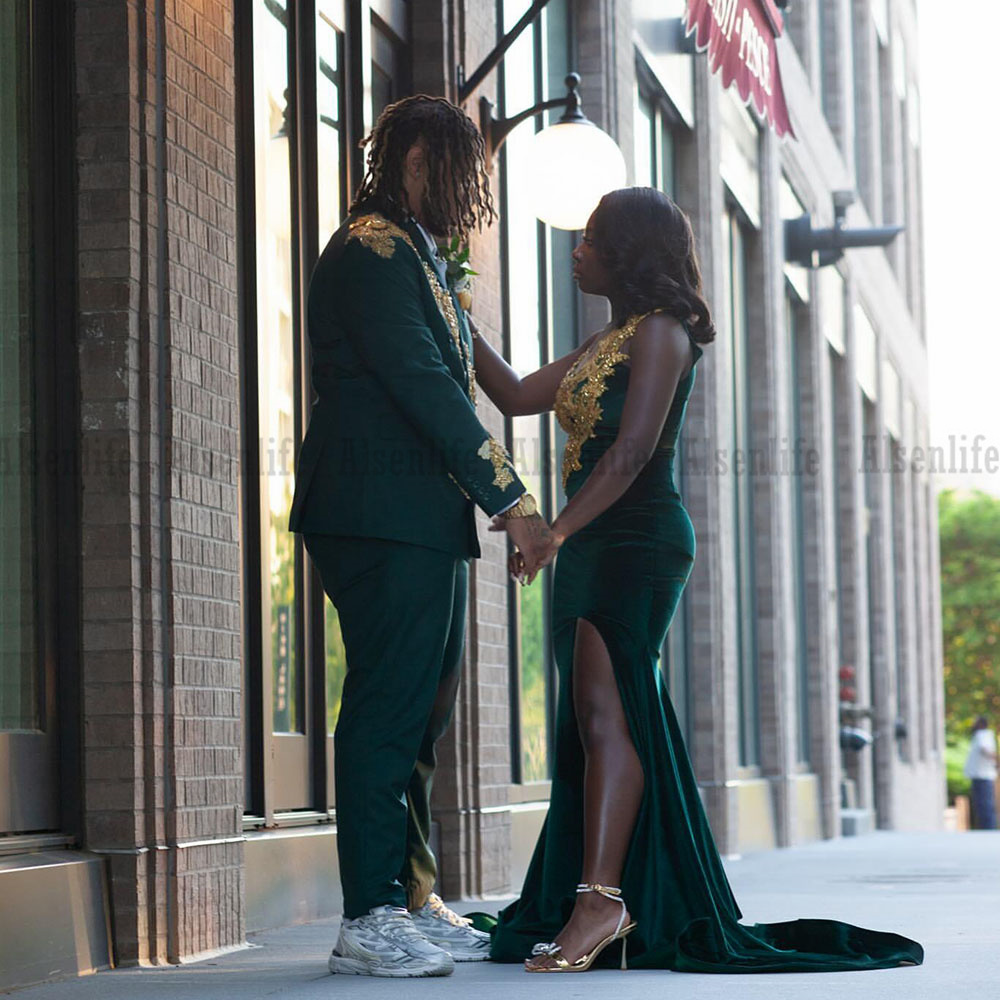 Dark Green Prom Dresses With Gold Appliqued 2025 Sexy Slit Mermaid Gala Party Dress For African Girl Luxury Customized