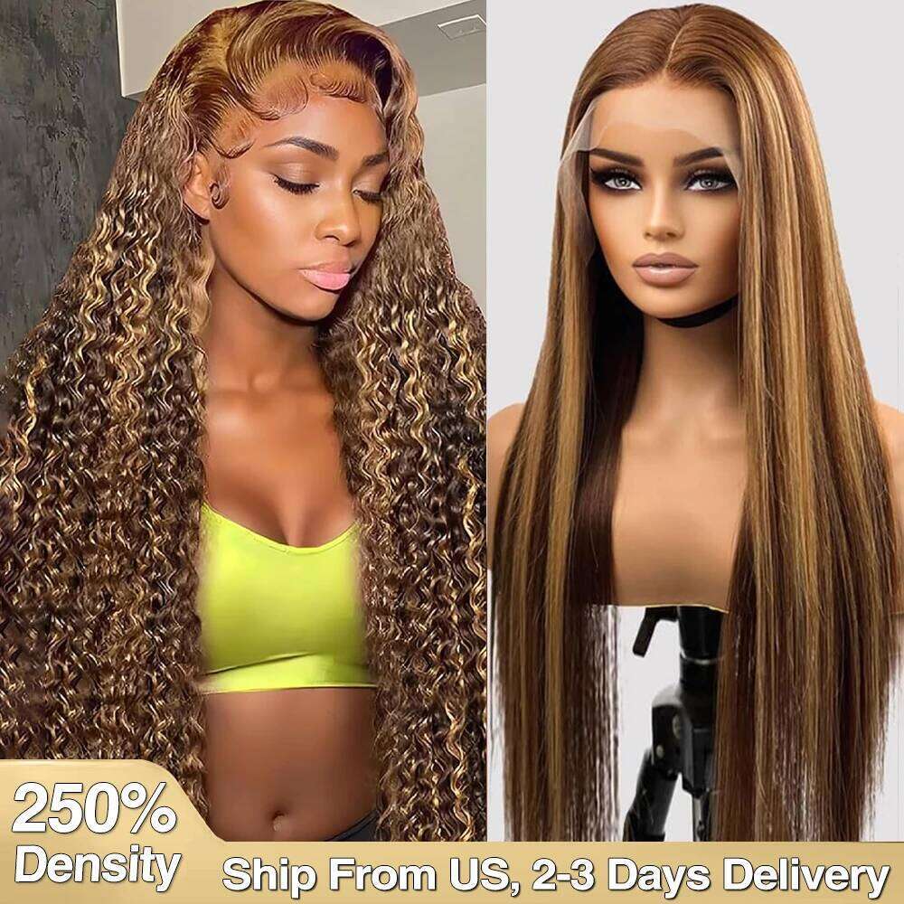 250% 4/27 Highlight 13x6 Deep Wave Lace Wigs 13x4 Ombre Curly Straight HD Front Wig Human Hair Pre Plucked