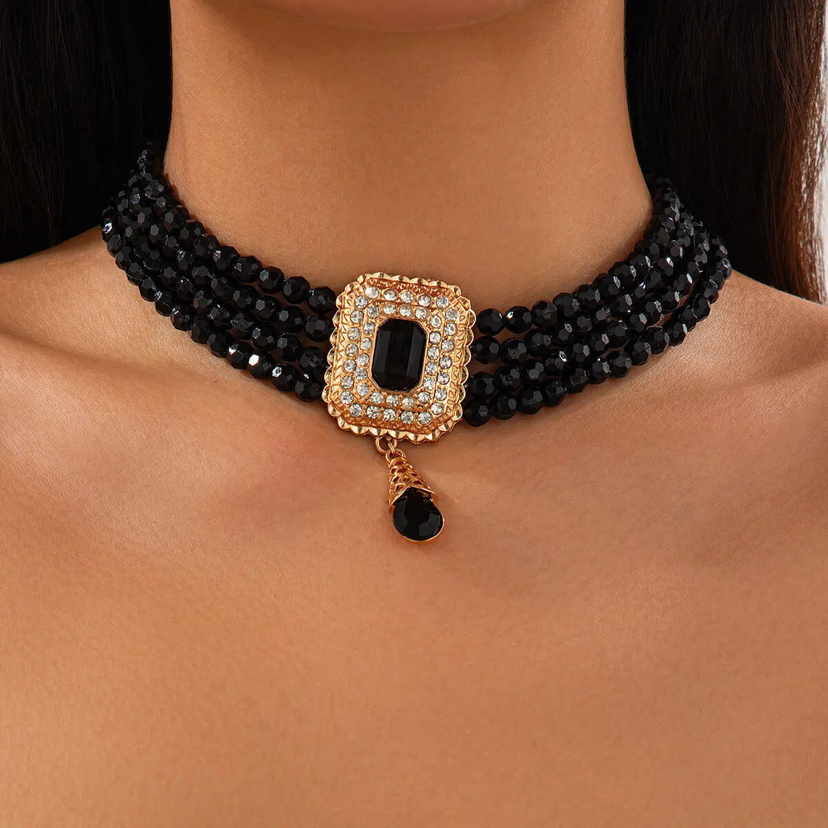 KunJoe Elegant Multilayer Crystal Beads Chain Necklace Women Water Drop Short Choker Wedding Jewelry Bride Neck Ornament 250522