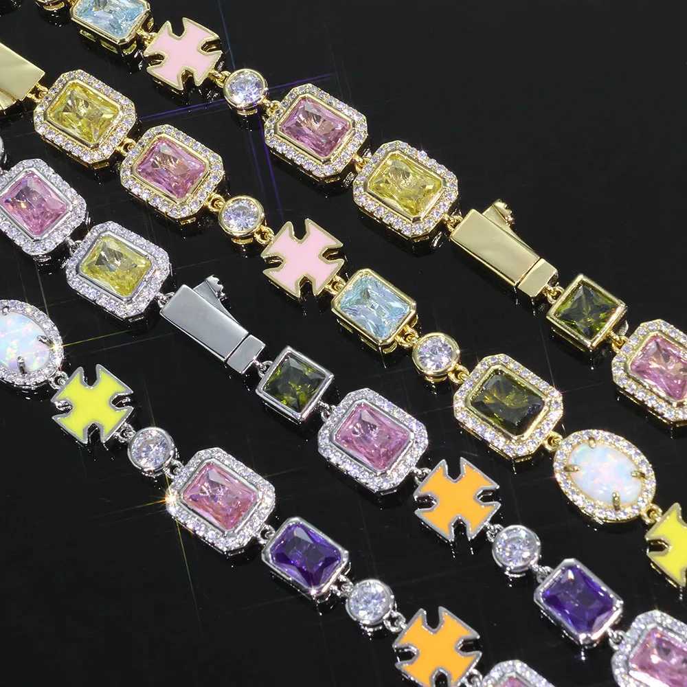 Colored Gems 10mm Tennis Chain Bracelet Mixed With Cross Brass Zircon Geometric Pattern Hip-Hop Style Bracelet For Men And Women W250526