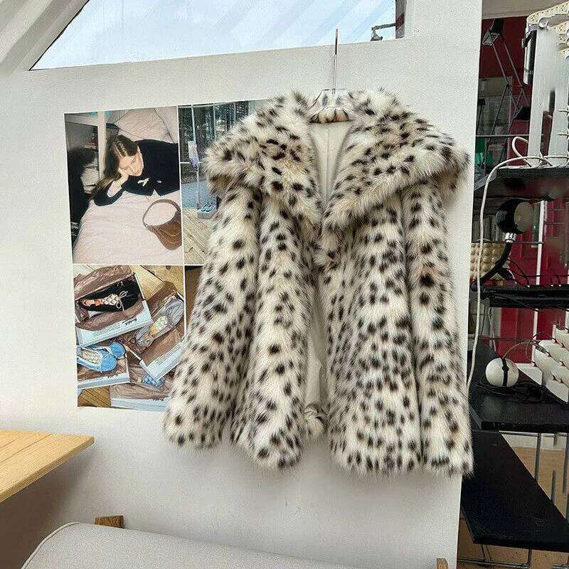Thicke Jacket Women's Outwear Autumn Winter New Eco-Friendly Faux Fox Leopard Print Lapel Fur Coat