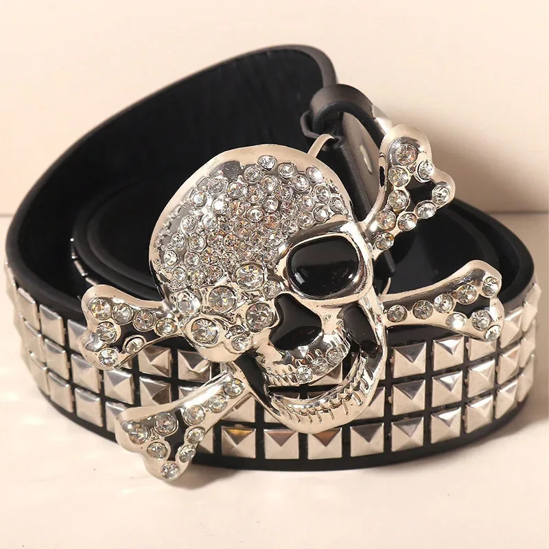 American Hip Hop Skeleton Belt Womens Wide Belt Y2K Belt Punk Style Willow Nail Black Versatile INS Casual Belt Belt 250520