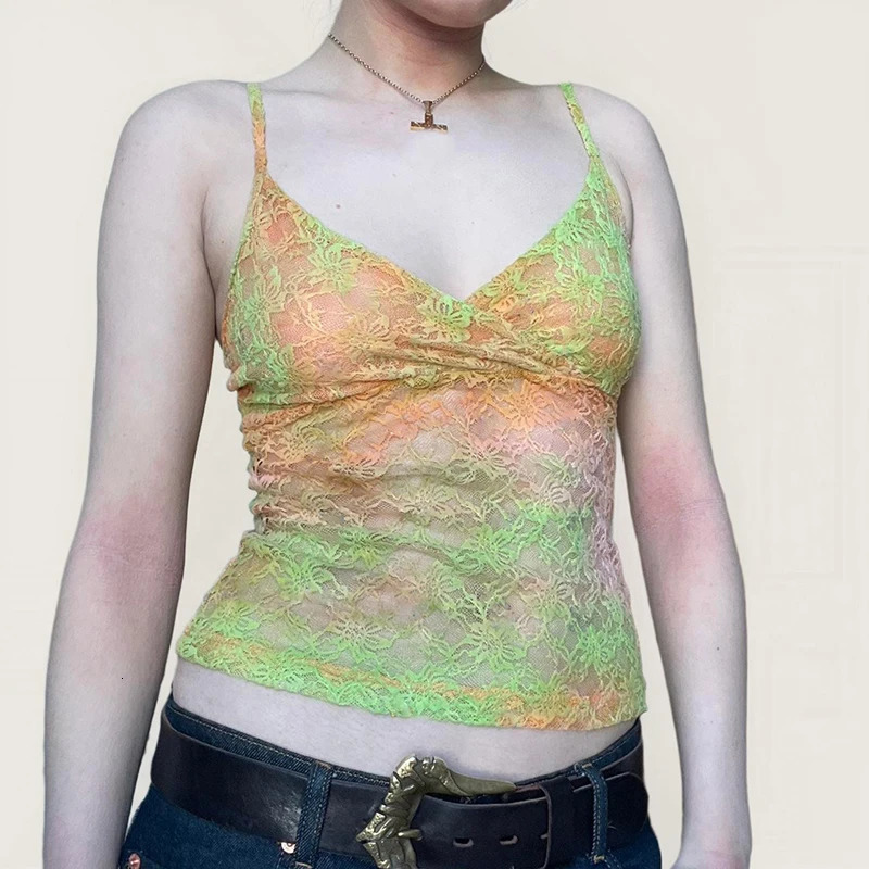 CIBBAR y2k Lace Tie Dye Camis Chic Slim-fitting Cropped Top for Women Vintage 90s Mini Vest Summer Holiday Sexy Transparent Tees 250523