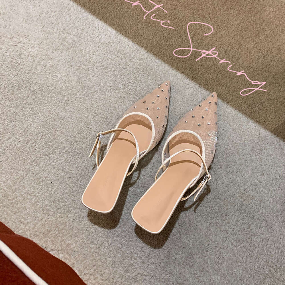 Sheepskin Version ~ Grape Mom Rhinestone Pointed Elegant High Heels Mesh Breathable Backless Single Shoes Women's Closed Toe Sandals