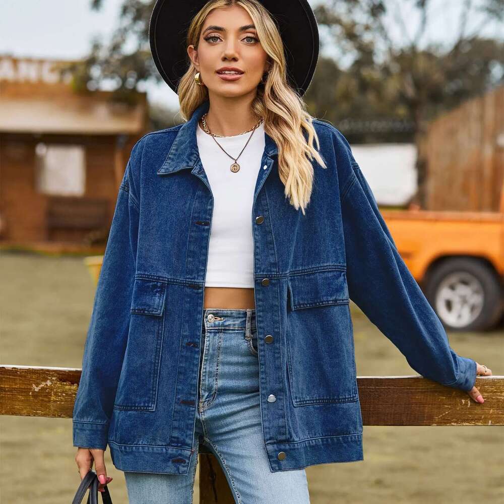 2023 Autumn New Women's Long Sleeve Denim Jacket Fashion Loose Versatile Mid-Length Jeans Coat Casual Clothing S-2Xl