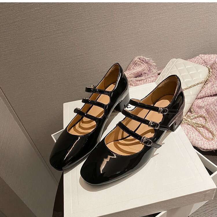 Sheepskin Version ~ Glossy Patent High Mary Jane Three-Row Buckle Genuine Leather Women's Chunky Heel Gentle Shoes