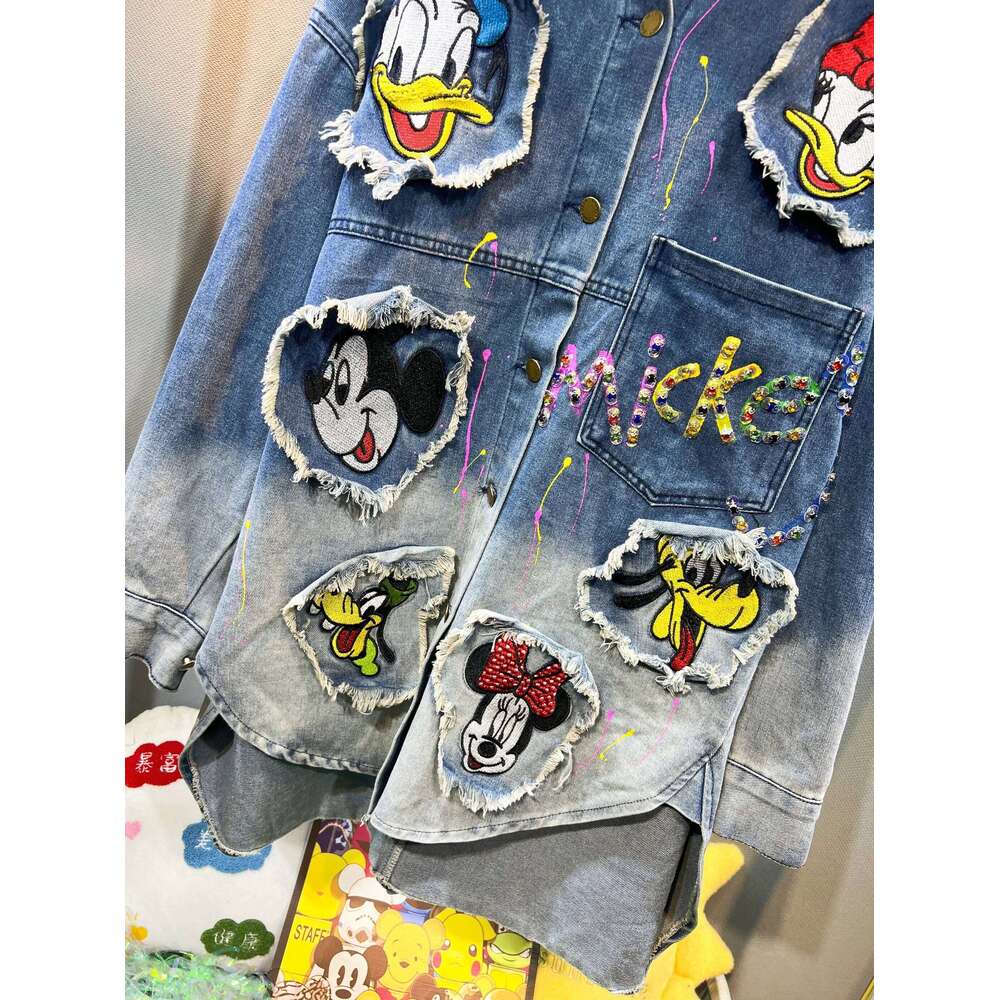2024 Autumn New Retro Fashion Loose Versatile Gradient Colored Washed Denim Jacket Cartoon Sticker Bead Embroidered Shirt Women
