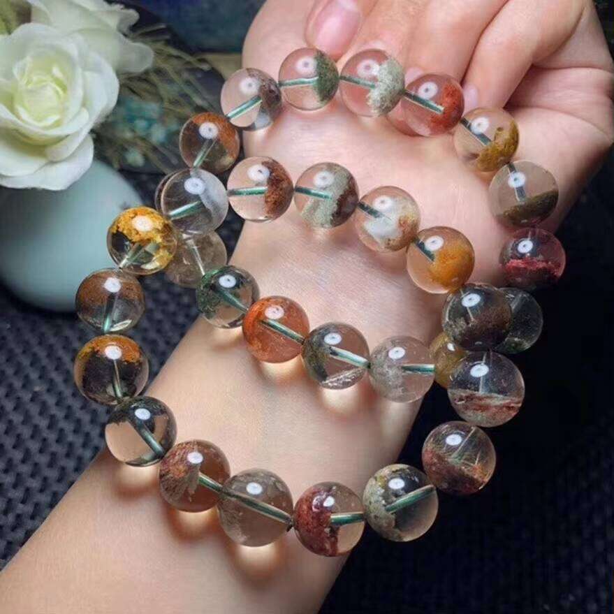 High Quality Natural Colorful Crystal Beads Bangle Green Flower Phantom Ghost Garden Quartz Bangles Jewelry